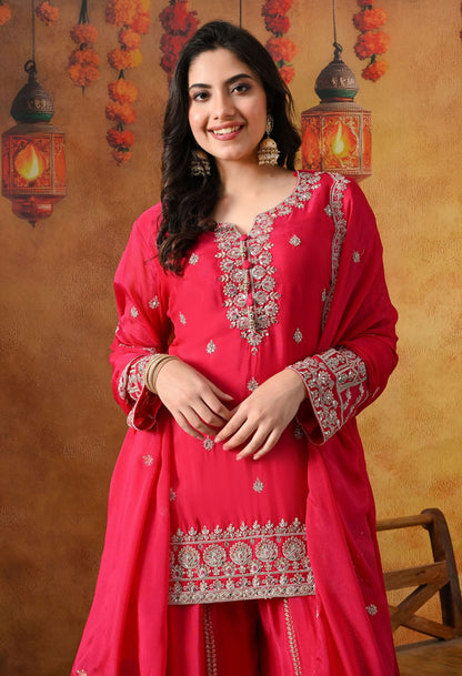 Hot Pink Chinon Sharara Set with intricate zardozi, dabka, crystal, and mirror work, paired with a matching dupatta