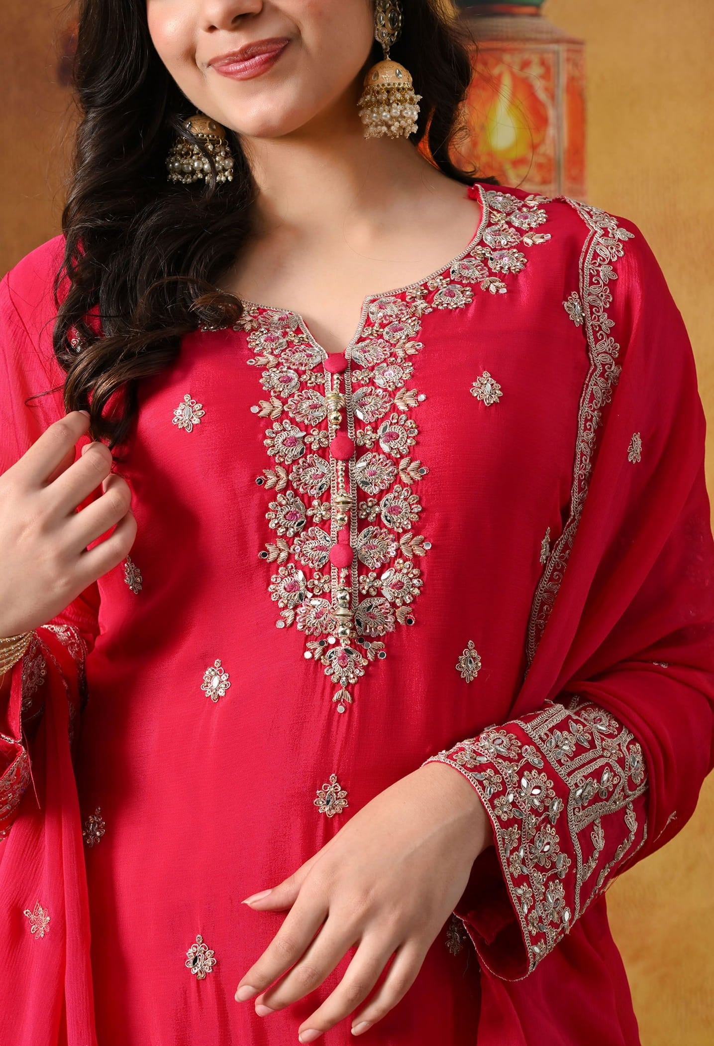 Hot Pink Chinon Sharara Set with intricate zardozi, dabka, crystal, and mirror work, paired with a matching dupatta
