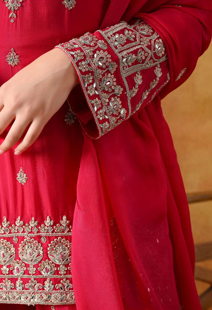 Hot Pink Chinon Sharara Set with intricate zardozi, dabka, crystal, and mirror work, paired with a matching dupatta