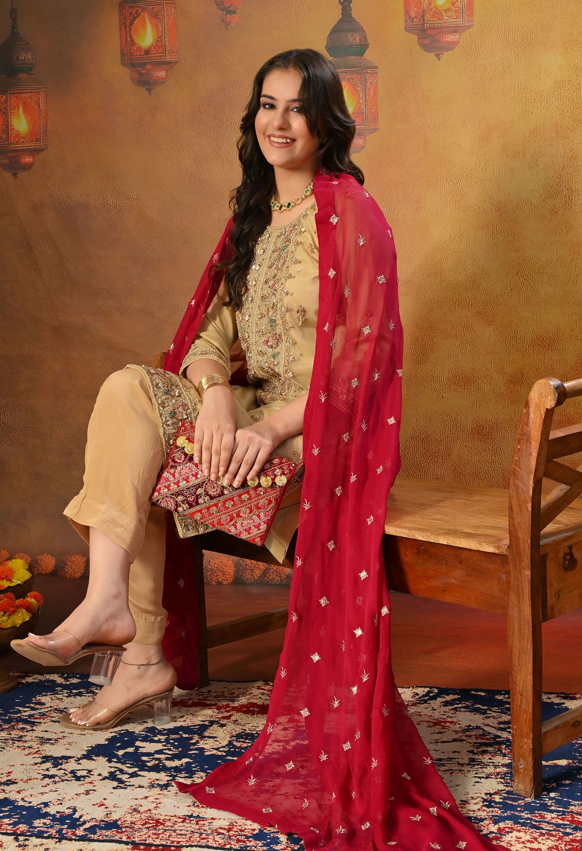 Golden Kurta Set with Zardozi, Dabka, Sequin and Pearl Work