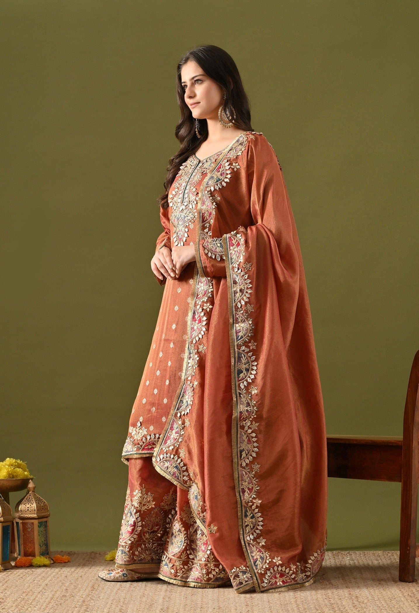 Brown Tissue Silk Sharara Set with Gotta, Applique & Zardozi Embroidery.