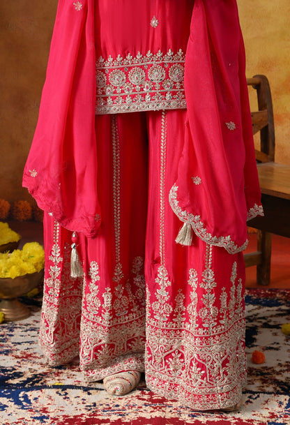 Hot Pink Chinon Sharara Set with intricate zardozi, dabka, crystal, and mirror work, paired with a matching dupatta