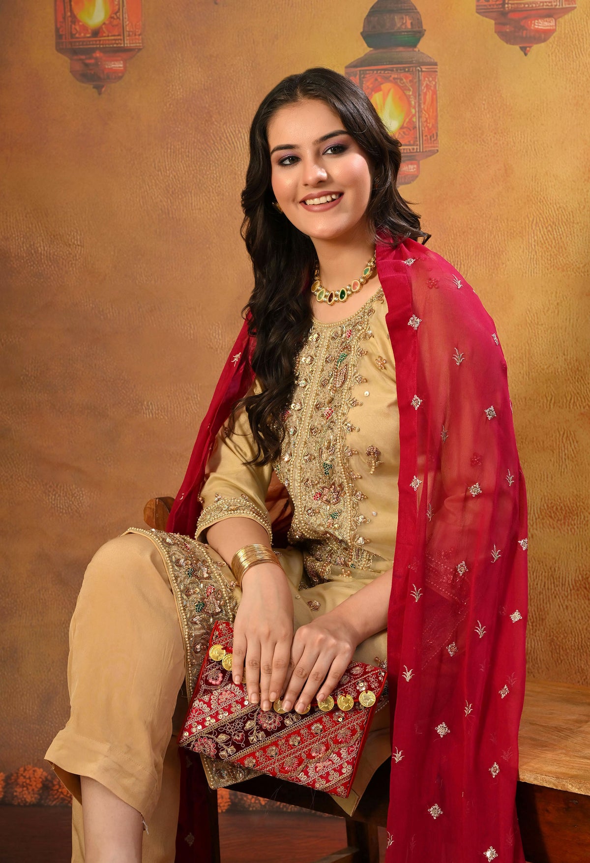 Golden Kurta Set with Zardozi, Dabka, Sequin and Pearl Work