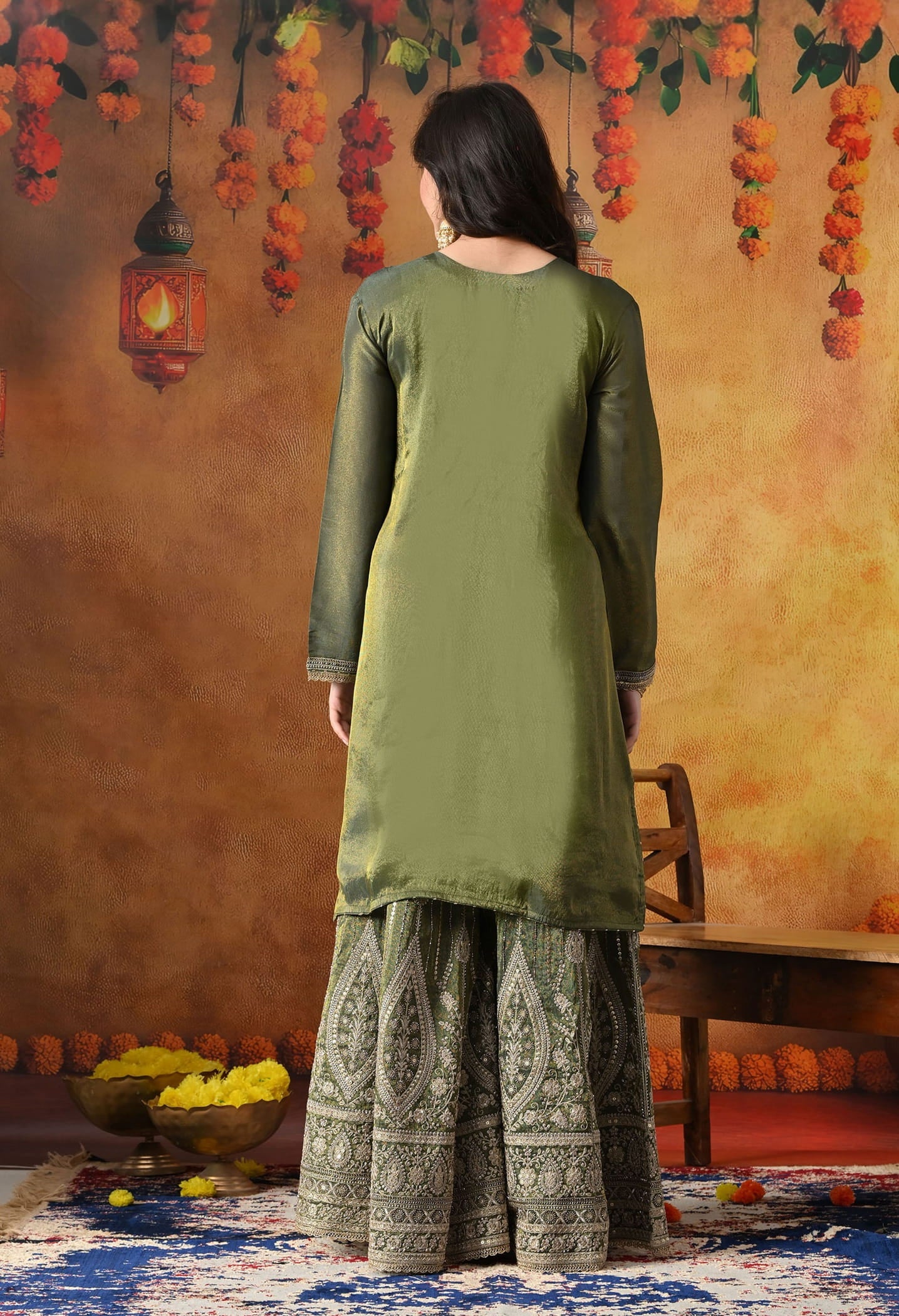Mehndi Green Tissue Crepe Gharara Set with intricate zardozi, sequin, and cutdana work, paired with a matching dupatta