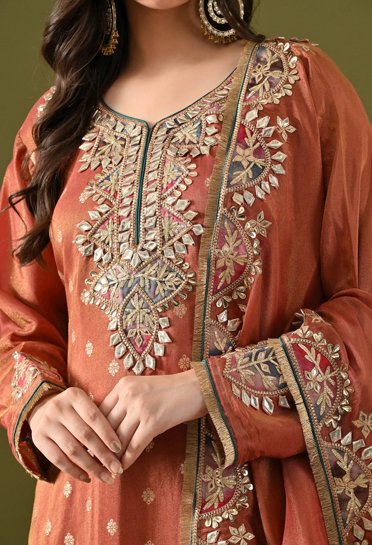 Brown Tissue Silk Sharara Set with Gotta, Applique & Zardozi Embroidery.