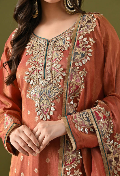 Brown Tissue Silk Sharara Set with Gotta, Applique & Zardozi Embroidery.