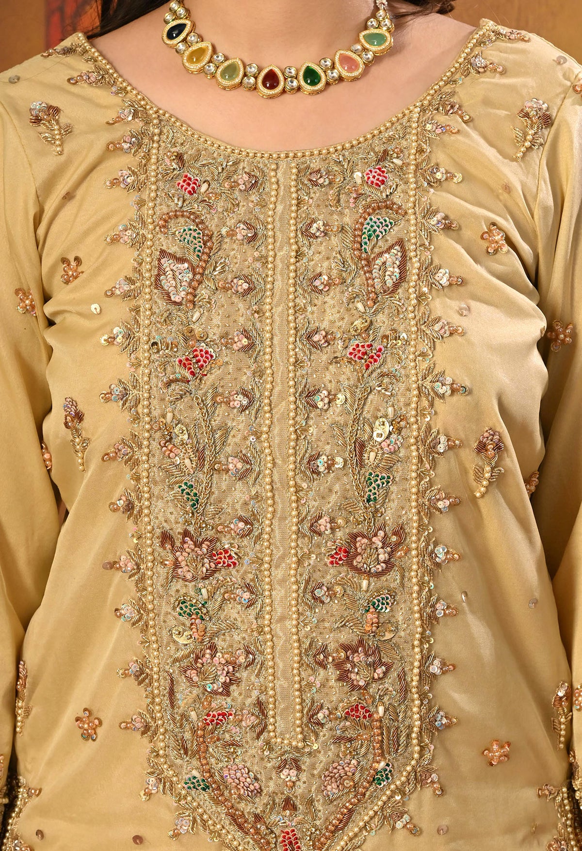 Golden Kurta Set with Zardozi, Dabka, Sequin and Pearl Work