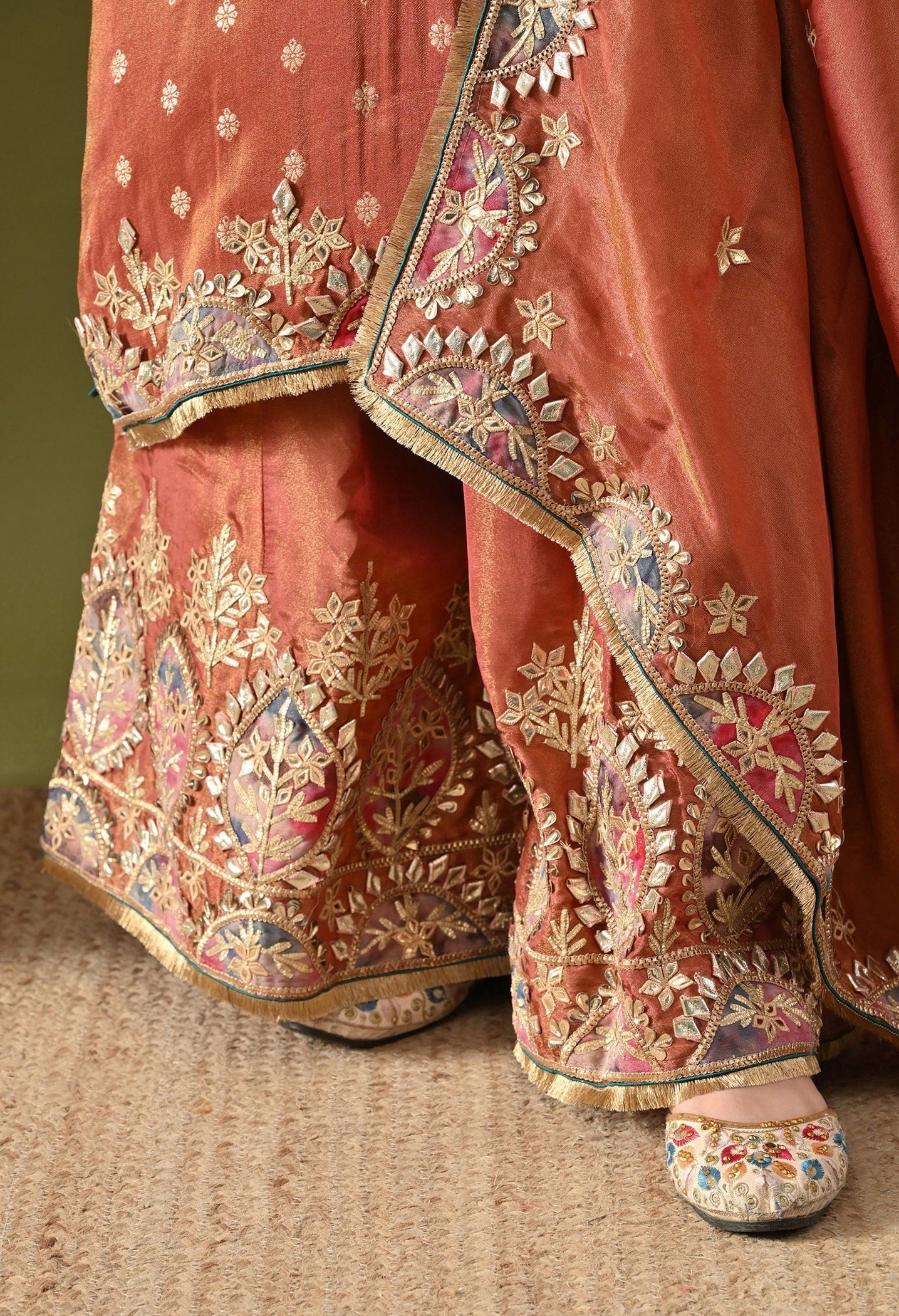 Brown Tissue Silk Sharara Set with Gotta, Applique & Zardozi Embroidery.