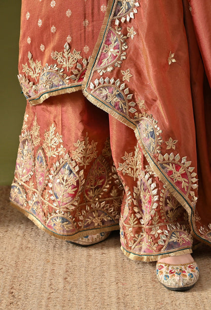 Brown Tissue Silk Sharara Set with Gotta, Applique & Zardozi Embroidery.
