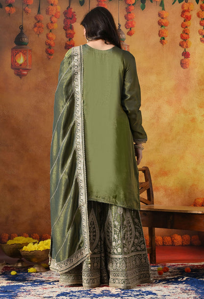 Mehndi Green Tissue Crepe Gharara Set with intricate zardozi, sequin, and cutdana work, paired with a matching dupatta
