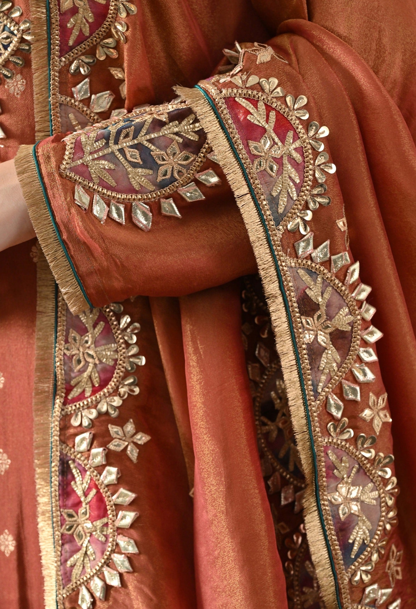 Brown Tissue Silk Sharara Set with Gotta, Applique & Zardozi Embroidery.