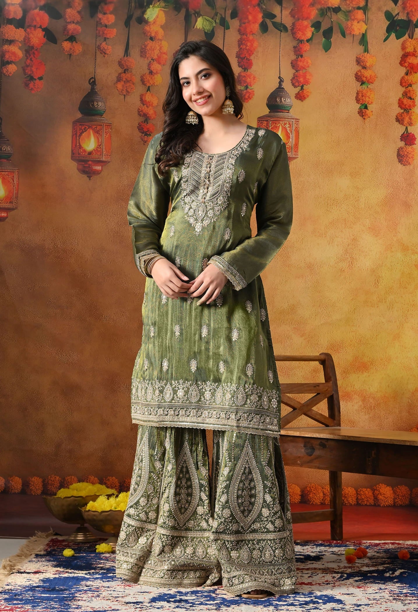 Mehndi Green Tissue Crepe Gharara Set with intricate zardozi, sequin, and cutdana work, paired with a matching dupatta