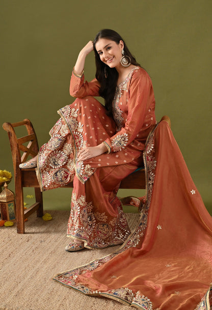 Brown Tissue Silk Sharara Set with Gotta, Applique & Zardozi Embroidery.