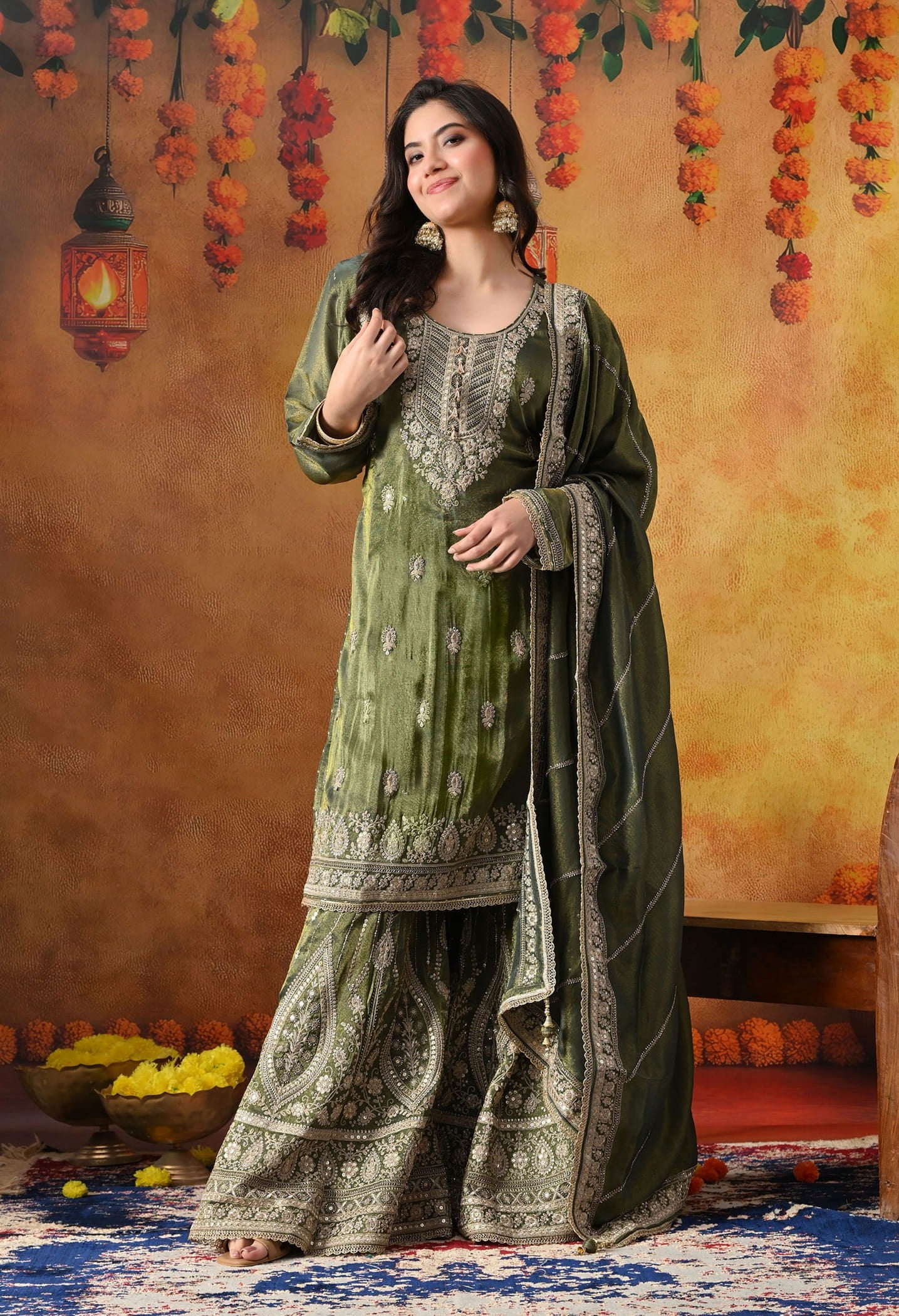 Mehndi Green Tissue Crepe Gharara Set with intricate zardozi, sequin, and cutdana work, paired with a matching dupatta