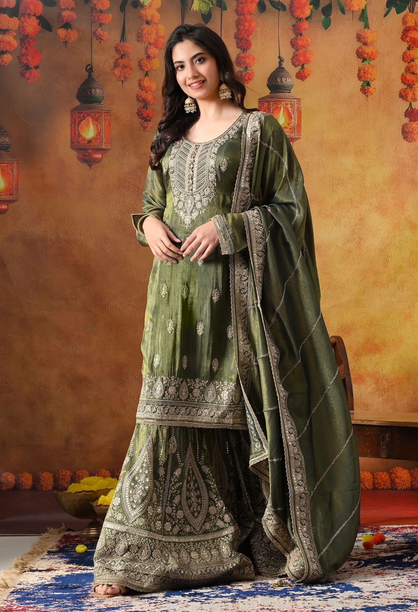 Mehndi Green Tissue Crepe Gharara Set with intricate zardozi, sequin, and cutdana work, paired with a matching dupatta