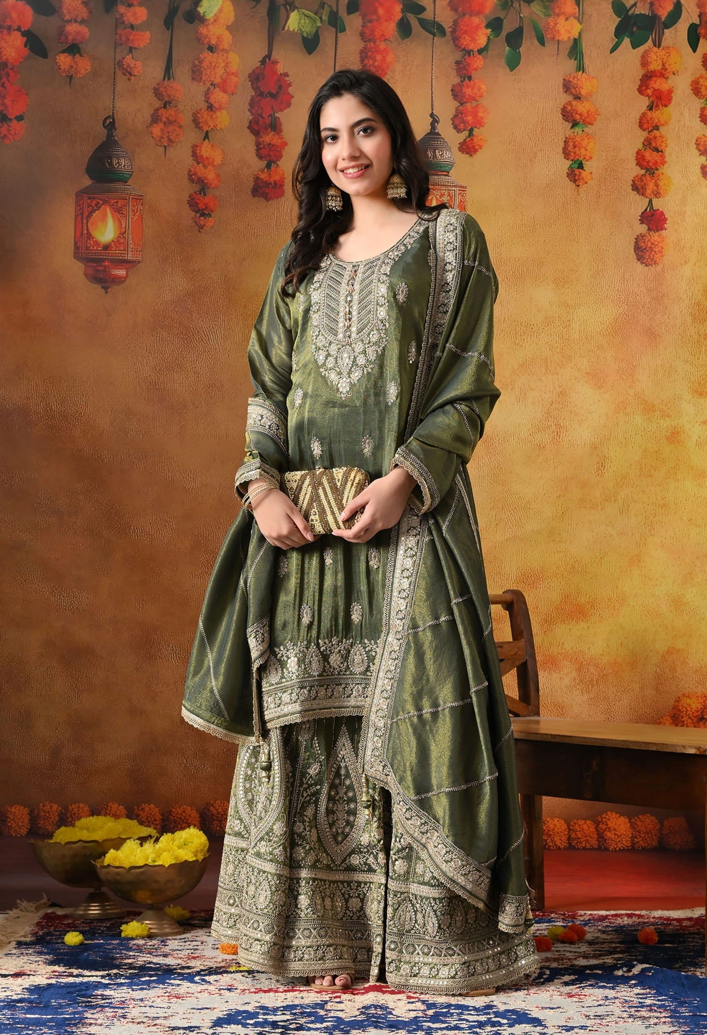 Mehndi Green Tissue Crepe Gharara Set with intricate zardozi, sequin, and cutdana work, paired with a matching dupatta
