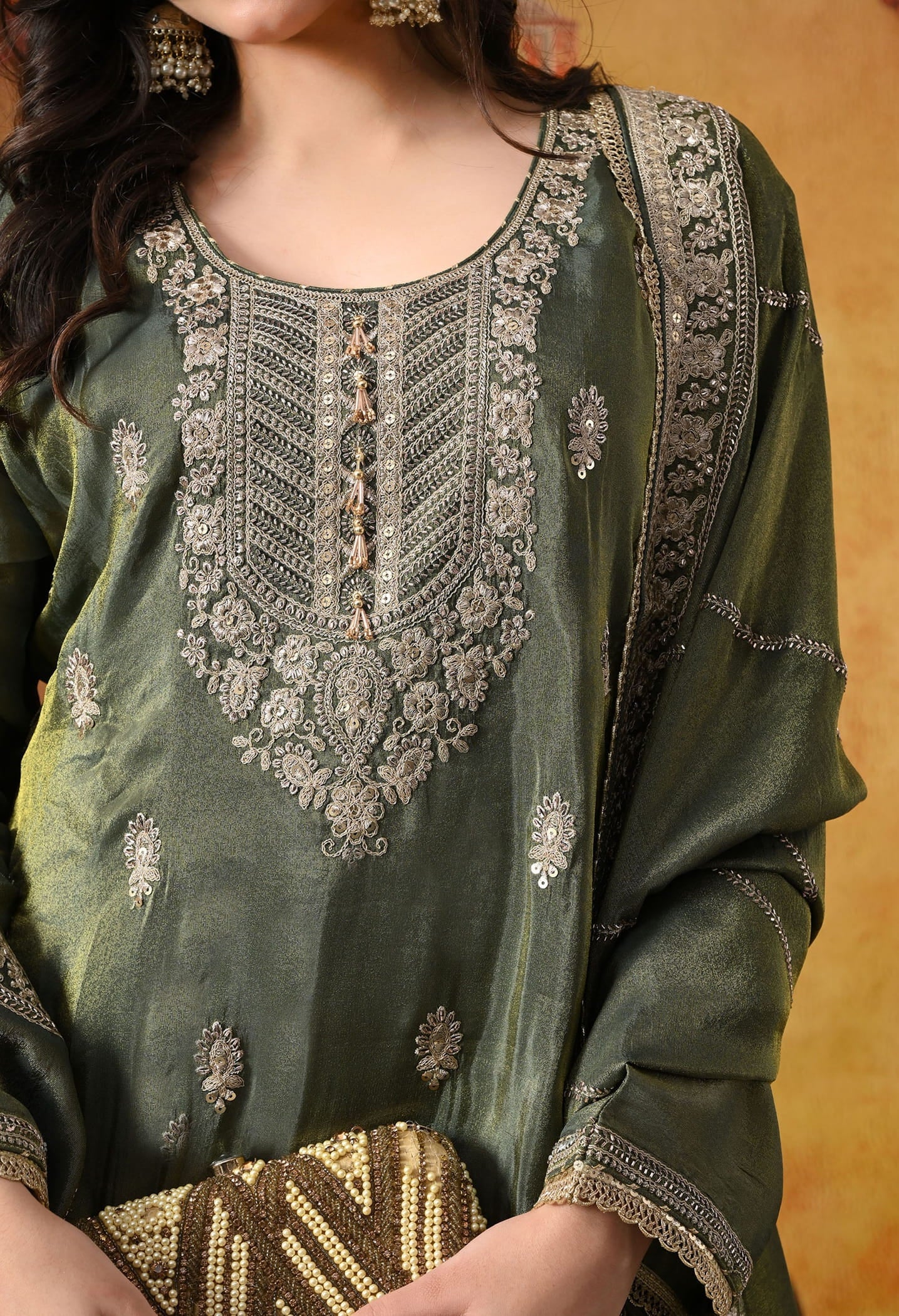 Mehndi Green Tissue Crepe Gharara Set with intricate zardozi, sequin, and cutdana work, paired with a matching dupatta