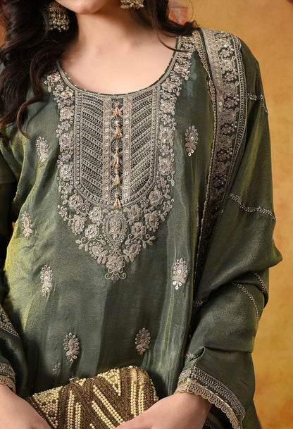 Mehndi Green Tissue Crepe Gharara Set with intricate zardozi, sequin, and cutdana work, paired with a matching dupatta