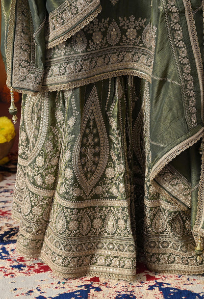 Mehndi Green Tissue Crepe Gharara Set with intricate zardozi, sequin, and cutdana work, paired with a matching dupatta