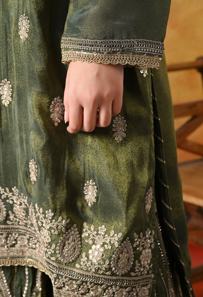 Mehndi Green Tissue Crepe Gharara Set with intricate zardozi, sequin, and cutdana work, paired with a matching dupatta