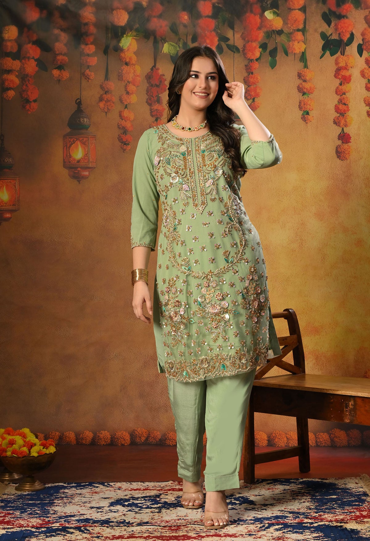 Light Green Kurta Set with Zardozi, Sequence, Pearl and Sippy Work