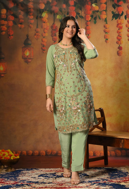 Light Green Kurta Set with Zardozi, Sequence, Pearl and Sippy Work