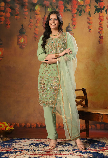 Light Green Kurta Set with Zardozi, Sequence, Pearl and Sippy Work