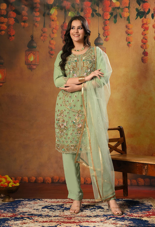 Light Green Kurta Set with Zardozi, Sequence, Pearl and Sippy Work