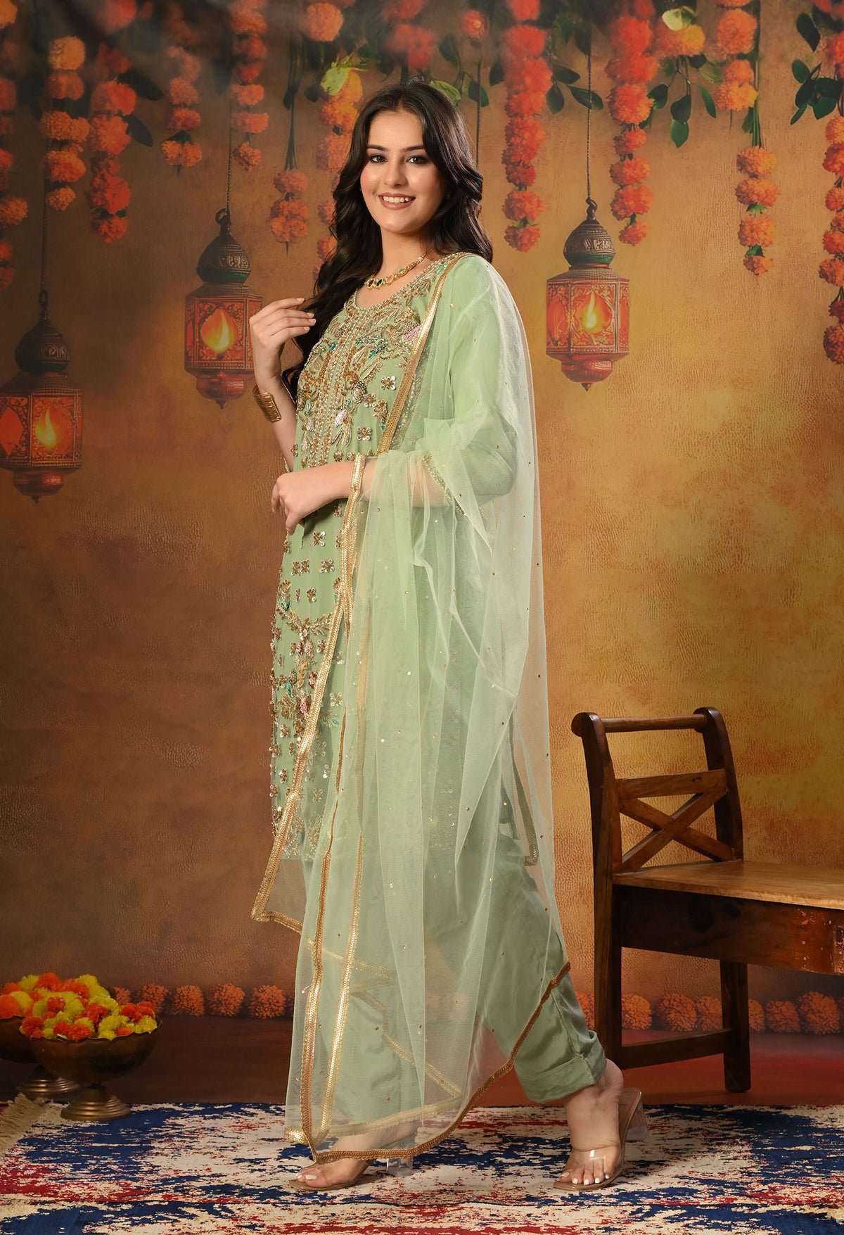 Light Green Kurta Set with Zardozi, Sequence, Pearl and Sippy Work