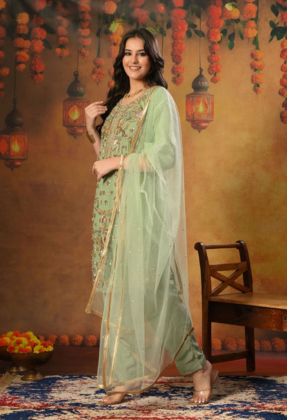 Light Green Kurta Set with Zardozi, Sequence, Pearl and Sippy Work