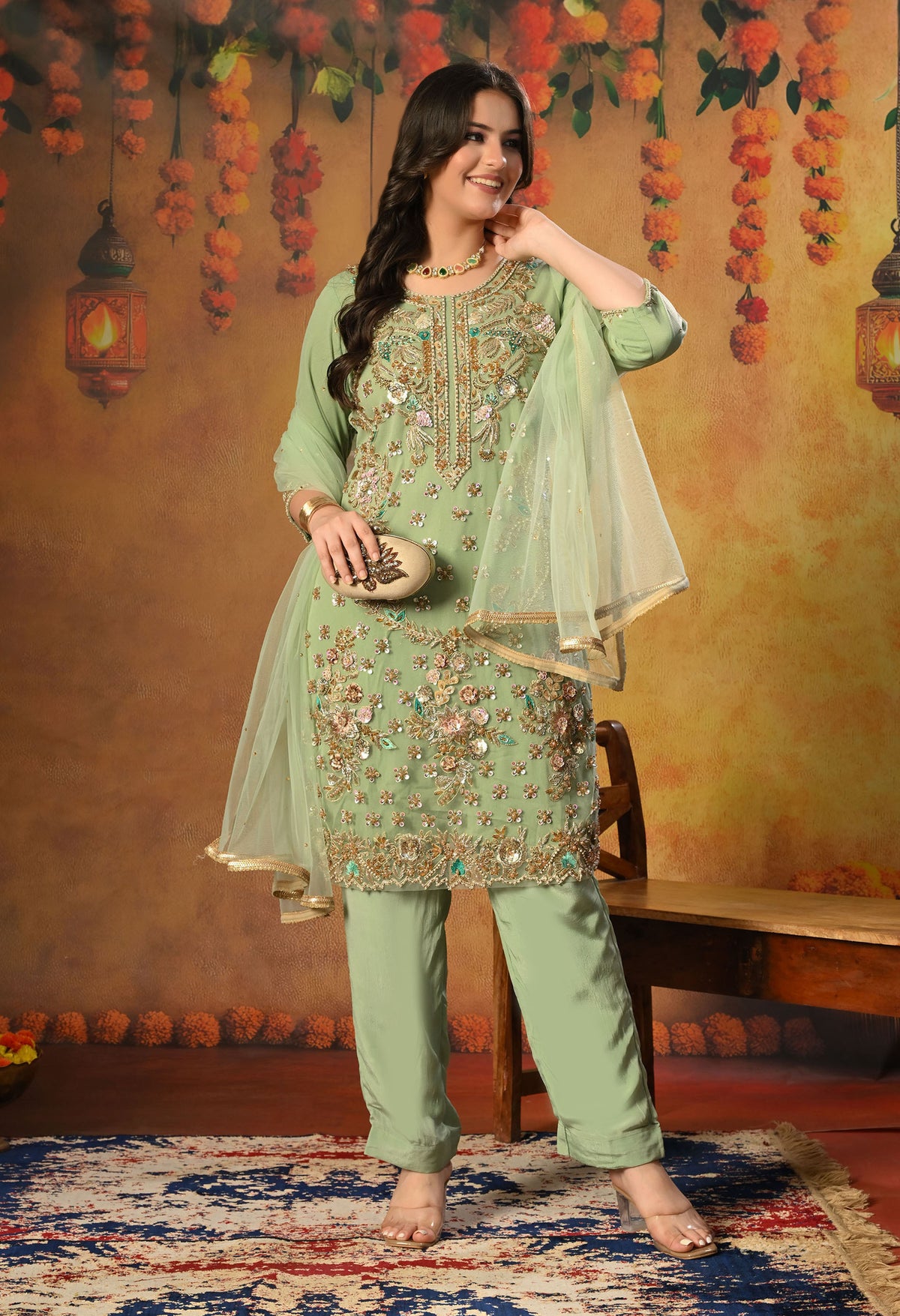 Light Green Kurta Set with Zardozi, Sequence, Pearl and Sippy Work