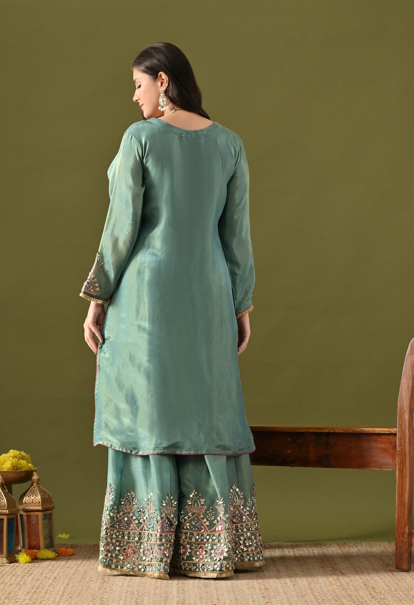Green Tissue Silk Sharara Set with Gotta, Applique & Zardozi Embroidery.