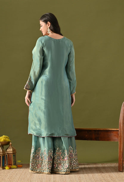 Green Tissue Silk Sharara Set with Gotta, Applique & Zardozi Embroidery.