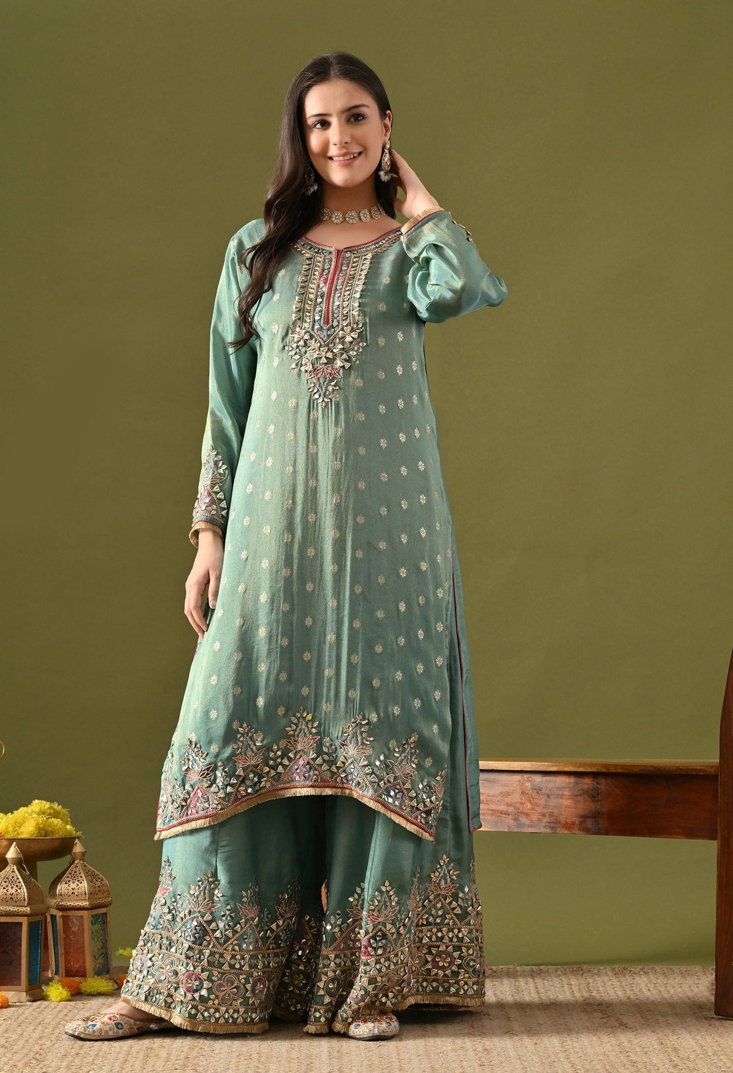 Green Tissue Silk Sharara Set with Gotta, Applique & Zardozi Embroidery.