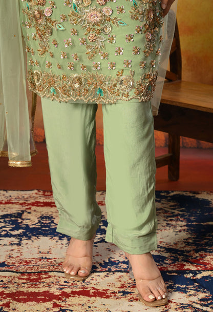 Light Green Kurta Set with Zardozi, Sequence, Pearl and Sippy Work