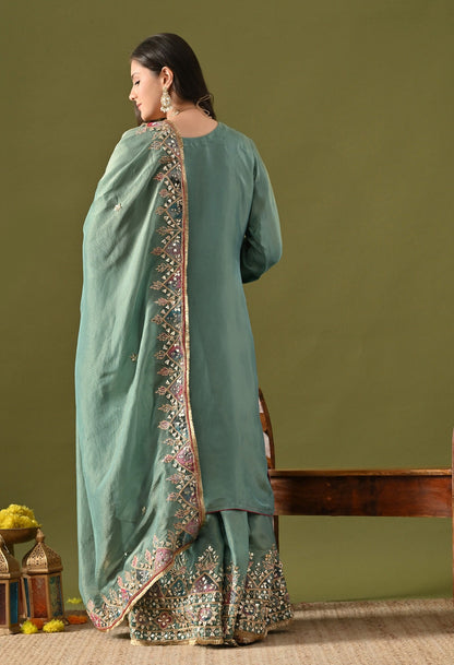Green Tissue Silk Sharara Set with Gotta, Applique & Zardozi Embroidery.