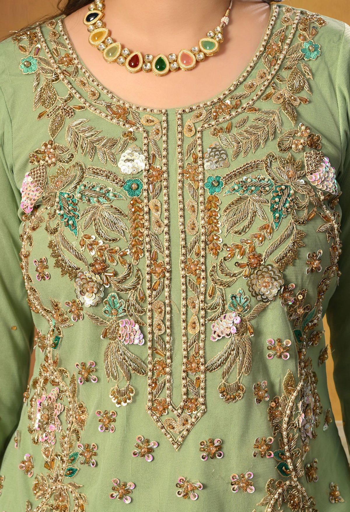 Light Green Kurta Set with Zardozi, Sequence, Pearl and Sippy Work