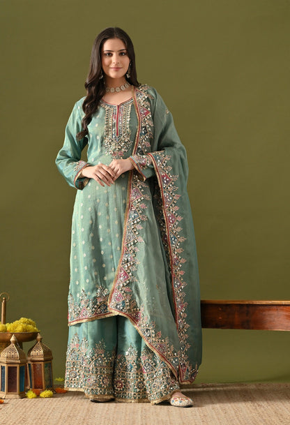 Green Tissue Silk Sharara Set with Gotta, Applique & Zardozi Embroidery.