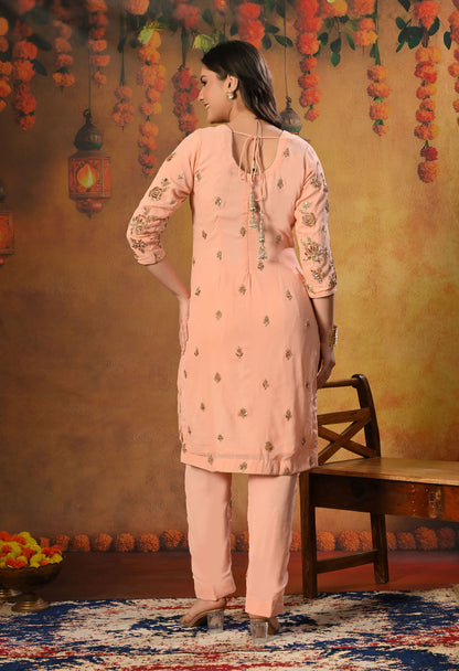 Soft Pink Peach Georgette Kurta Set with Mukaish and Zardozi Embroidery
