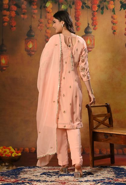 Soft Pink Peach Georgette Kurta Set with Mukaish and Zardozi Embroidery