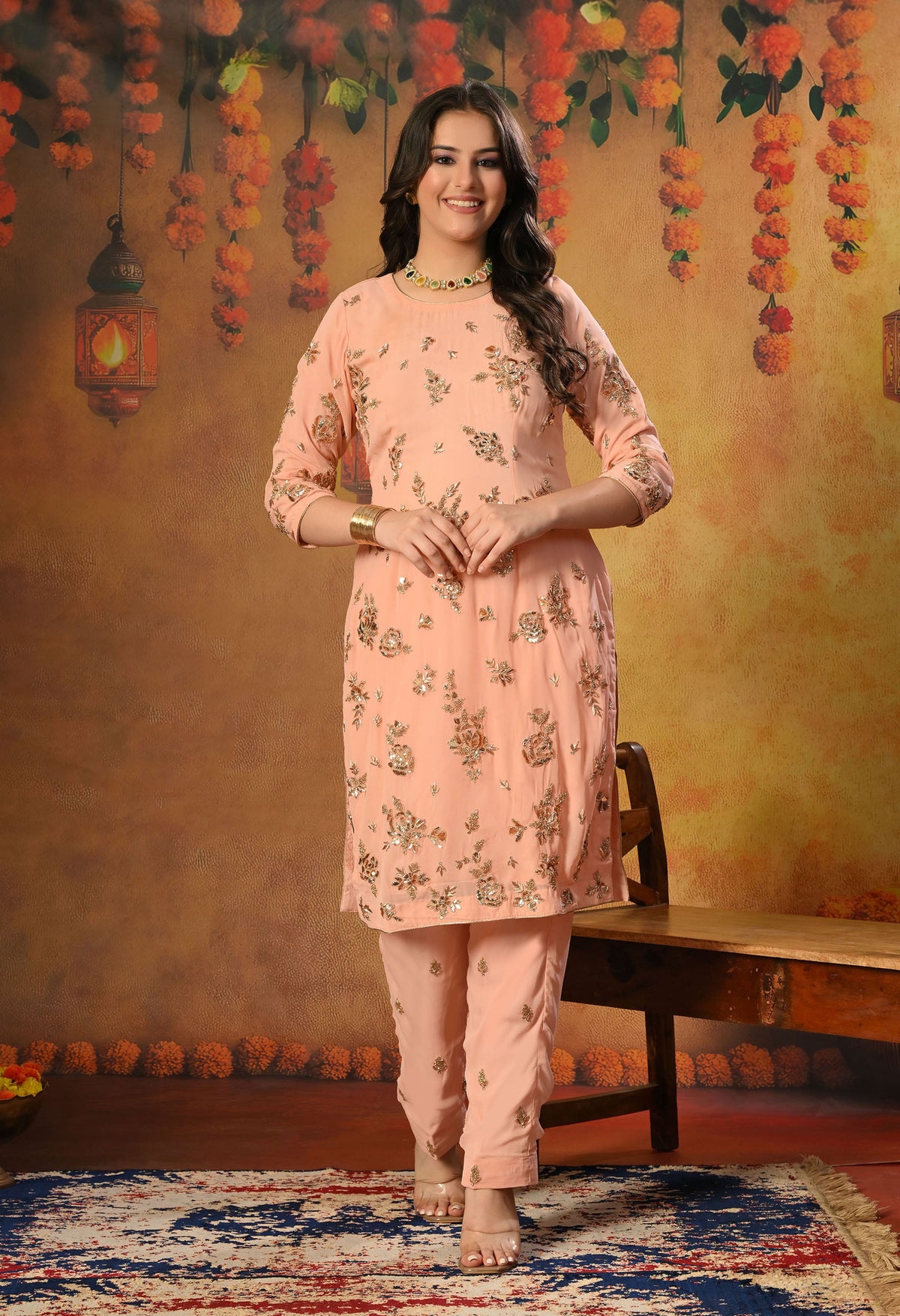 Soft Pink Peach Georgette Kurta Set with Mukaish and Zardozi Embroidery