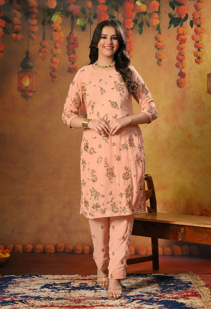 Soft Pink Peach Georgette Kurta Set with Mukaish and Zardozi Embroidery