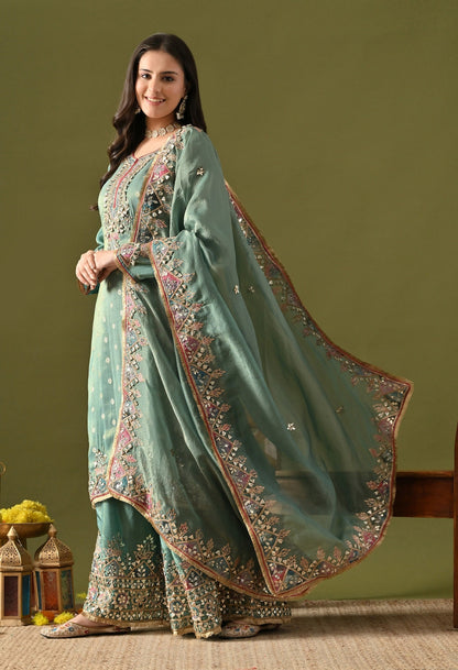 Green Tissue Silk Sharara Set with Gotta, Applique & Zardozi Embroidery.