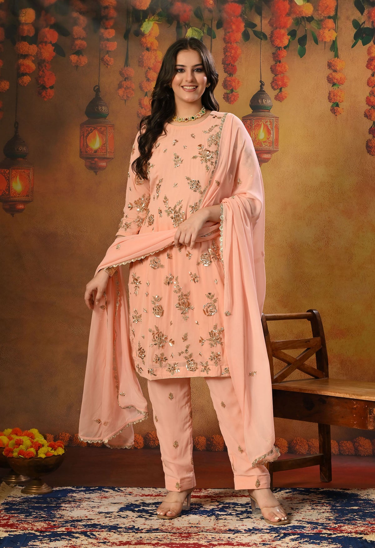 Soft Pink Peach Georgette Kurta Set with Mukaish and Zardozi Embroidery