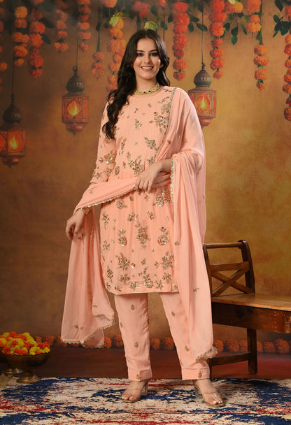 Soft Pink Peach Georgette Kurta Set with Mukaish and Zardozi Embroidery