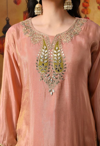 Peach Tissue Crepe Sharara Set with intricate gotta, zardozi, applique, and mirror work, paired with a contrasting green Banarasi silk dupatta