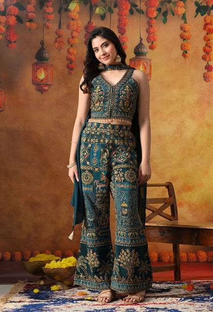 Sea Blue Crepe Indo Western Set with intricate zardozi, sequin, and thread work, paired with an umbrella cut pant and matching dupatta