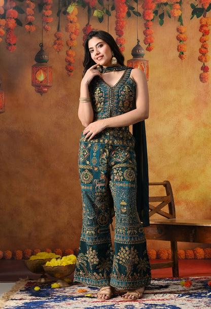Sea Blue Crepe Indo Western Set with intricate zardozi, sequin, and thread work, paired with an umbrella cut pant and matching dupatta