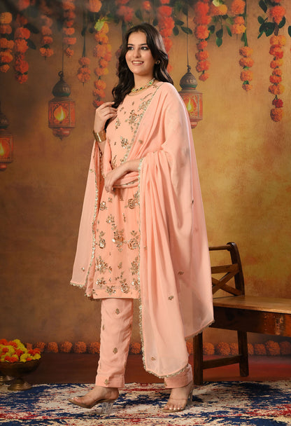 Soft Pink Peach Georgette Kurta Set with Mukaish and Zardozi Embroidery