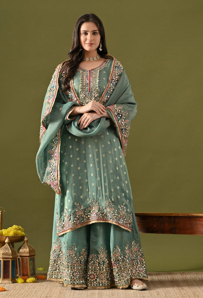 Green Tissue Silk Sharara Set with Gotta, Applique & Zardozi Embroidery.